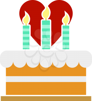 Cacke With Candles And Heart Icon. Flat Color Design. Vector Illustration.