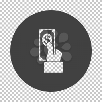 Hand Hold Dollar Banknote Icon. Subtract Stencil Design on Tranparency Grid. Vector Illustration.