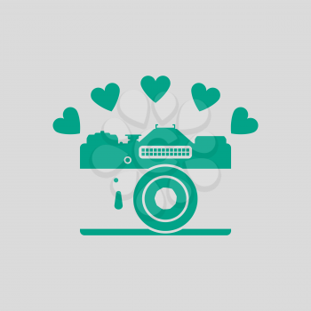 Camera With Hearts Icon. Green on Gray Background. Vector Illustration.