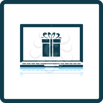 Laptop With Gift Box On Screen Icon. Square Shadow Reflection Design. Vector Illustration.