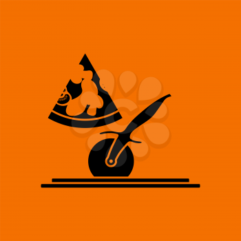Pizza With Knife Icon. Black on Orange Background. Vector Illustration.