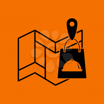 Map With Delivery Food Bag Icon. Black on Orange Background. Vector Illustration.