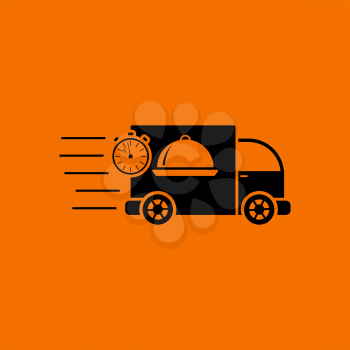 Fast Food Delivery Car Icon. Black on Orange Background. Vector Illustration.