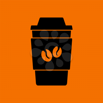 Outdoor Paper Cofee Cup Icon. Black on Orange Background. Vector Illustration.