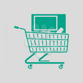 Shopping Cart With PC Icon. Green on Gray Background. Vector Illustration.