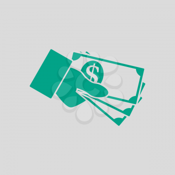 Hand Holding Money Icon. Green on Gray Background. Vector Illustration.