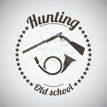 Opened Hunting Gun With Hunting Horn Dark Brown Retro Style.  Vector Illustration. 