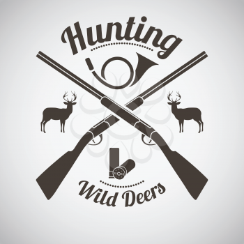 Hunting Vintage Emblem. Cross Hunting Gun With Ammo, Hunting Horn and Deers Silhouettes. Dark Brown Retro Style.  Vector Illustration. 