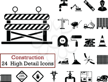 Set of 24  Construction Icons. Monochrome color design. Vector illustration.