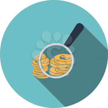 Magnifying over coins stack icon. Flat color design. Vector illustration.