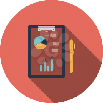 Writing tablet with analytics chart and pen icon. Flat color design. Vector illustration.