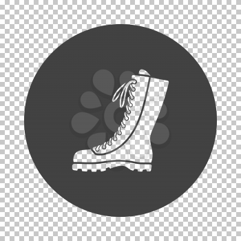 Hiking boot icon. Subtract stencil design on tranparency grid. Vector illustration.