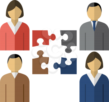 Corporate Team Icon. Four Corporate Employee With Puzzles Element Near. Flat Color Design. Vector Illustration.