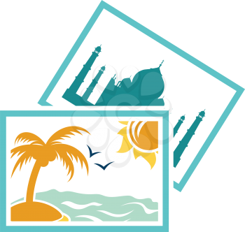 Two travel photograph icon. Stencil in blue and yellow tone. Vector illustration.