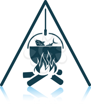 Icon of fire and fishing pot. Shadow reflection design. Vector illustration.