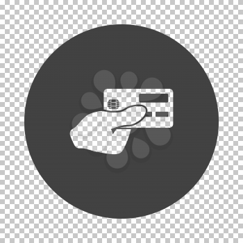 Hand holding credit card icon. Subtract stencil design on tranparency grid. Vector illustration.