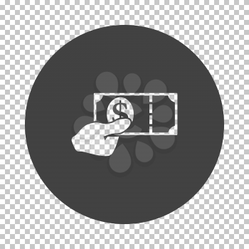 Hand holding money icon. Subtract stencil design on tranparency grid. Vector illustration.
