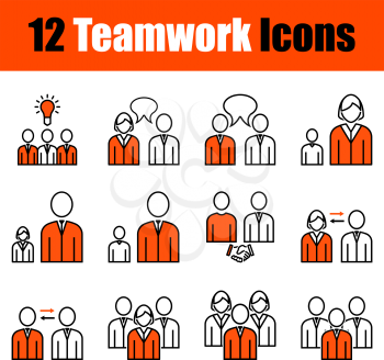 Set of 12 icons on Teamwork theme. Thin Line With Orange Design. Fully editable vector illustration. Text expanded.