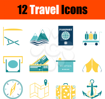 Travel Icon Set. Stencil in Blue and Yellow Tones Design. Vector Illustration.
