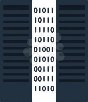 Server Icon. Two Servers Rack and Binary Code Between. Flat color design. Data series. Vector illustration.