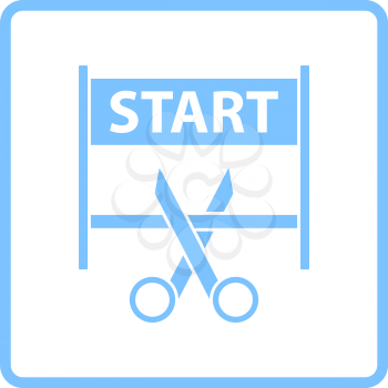 Scissors Cutting Tape Between Start Gate Icon. Blue Frame Design. Vector Illustration.