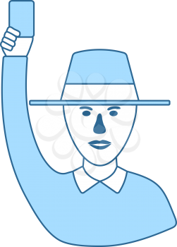 Cricket Umpire With Hand Holding Card Icon. Thin Line With Blue Fill Design. Vector Illustration.