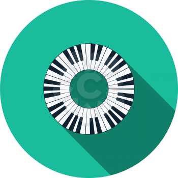 Piano Circle Keyboard Icon. Flat Circle Stencil Design With Long Shadow. Vector Illustration.