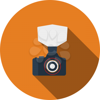 Camera With Fashion Flash Icon. Flat Circle Stencil Design With Long Shadow. Vector Illustration.