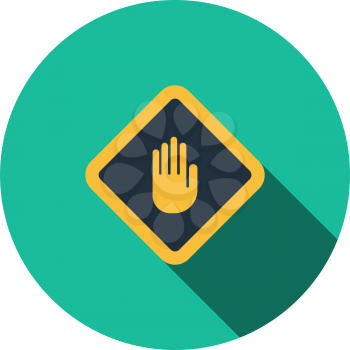 Icon Of Warning Hand. Flat Circle Stencil Design With Long Shadow. Vector Illustration.