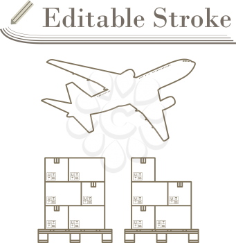 Boxes On Pallet Under Airplane. Editable Stroke Simple Design. Vector Illustration.