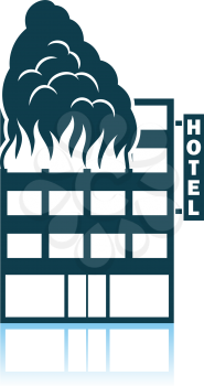 Hotel Building In Fire Icon. Shadow Reflection Design. Vector Illustration.