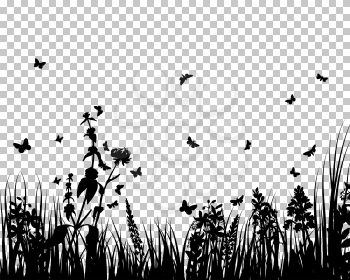 Meadow silhouette with transparency grid on back. Vector Illustration.