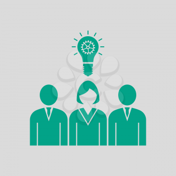 Corporate Team Finding New Idea With Woman Leader Icon. Green on Gray Background. Vector Illustration.