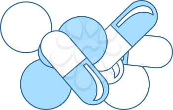 Pill And Tabs Icon. Thin Line With Blue Fill Design. Vector Illustration.