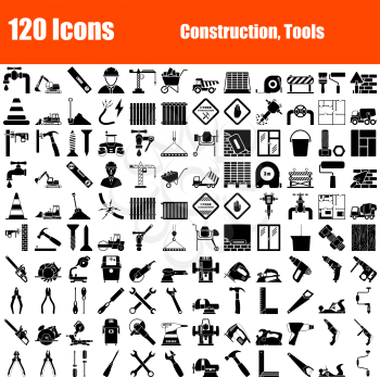 Set of 120 Icons. Construction and Tools  themes. Black Color Stencil Design. Vector Illustration.