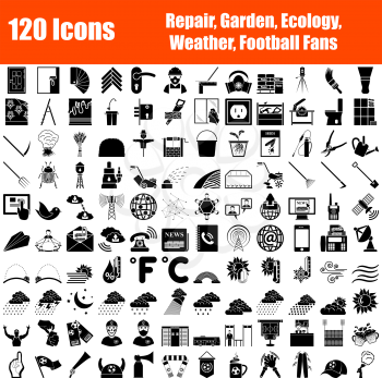 Set of 120 Icons. Repair, Garden, Ecology, Weather, Football Fans Themes. Black Color Stencil Design. Vector Illustration.