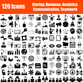 Set of 120 Icons. Startup, Business, Analytics, Communication, Teamwork Themes. Black Color Stencil Design. Vector Illustration.