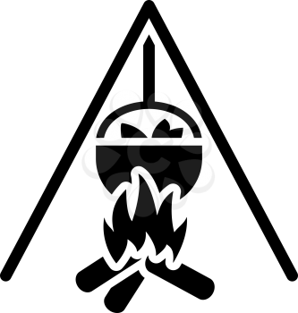 Icon Of Fire And Fishing Pot. Black Stencil Design. Vector Illustration.