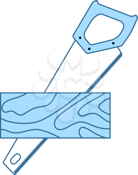 Handsaw Cutting A Plank Icon. Thin Line With Blue Fill Design. Vector Illustration.