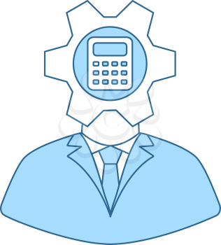 Analyst With Gear Hed And Calculator Inside Icon. Thin Line With Blue Fill Design. Vector Illustration.