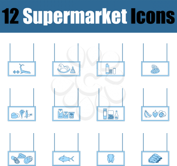 Supermarket Icon Set. Thin Line With Blue Fill Design. Vector Illustration.