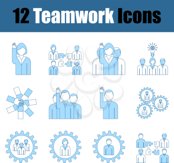 Teamwork Icon Set. Thin Line With Blue Fill Design. Vector Illustration.