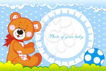 Royalty Free Clipart Image of a Baby Photo Frame With a Bear and Ball