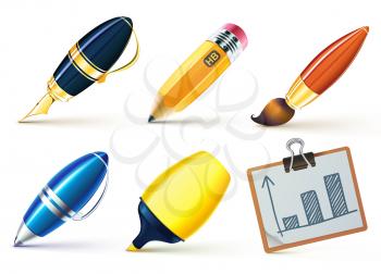 Vector illustration set of writing implements including pencil, pen, marker, brush and clipboard.