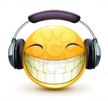 Vector illustration of cool glossy single musical emoticon with detailed headphones 