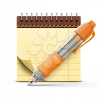 Vector illustration of detailed orange ballpoint pen with coil bound notebook 