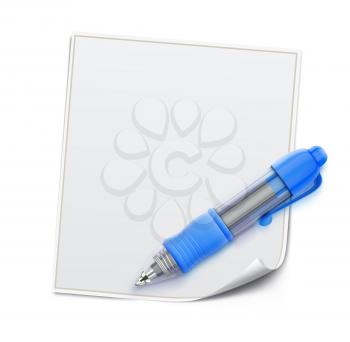 Vector illustration of detailed blue ballpoint pen with blank white page 