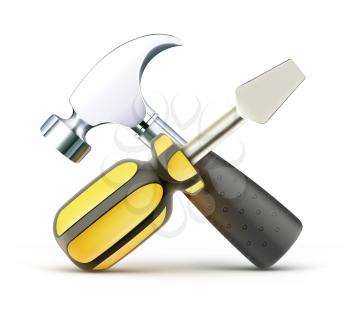 Vector illustration of detailed screwdriver and hammer icon isolated on white background