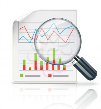 Vector illustration of business concept with finance graphs and magnifying glass 
