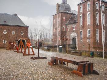 Snowfall in Kasteel Hoensbroek, one of the most famous Dutch castles. Heerlen. Netherlands